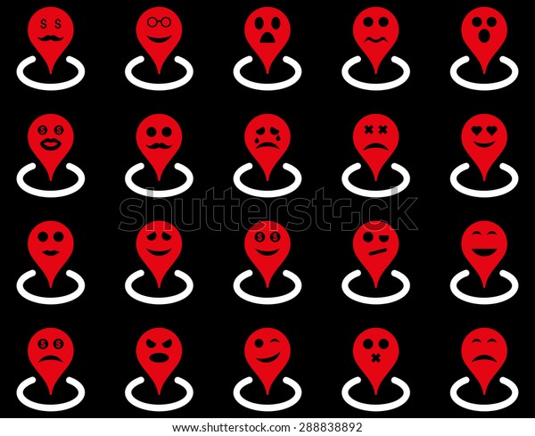 Smiled\
location icons. Vector set style: bicolor flat images, red and\
white symbols, isolated on a black\
background.