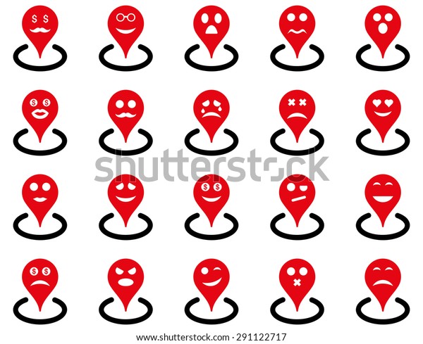 Smiled location icons. Vector set style:\
bicolor flat images, intensive red and black symbols, isolated on a\
white background.