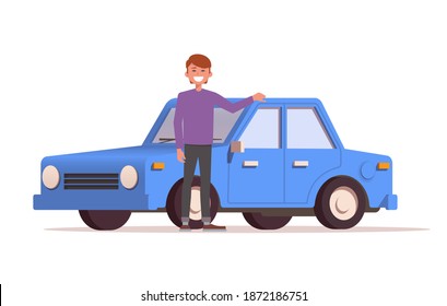 Smiled man stands next to a new car. Buying a automobile. Vector illustration in cartoon style isolated on the white