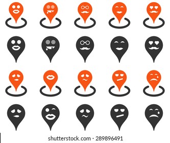 Smiled map marker icons. Vector set style: bicolor flat images, orange and gray symbols, isolated on a white background.