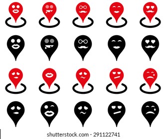Smiled map marker icons. Vector set style: bicolor flat images, intensive red and black symbols, isolated on a white background.
