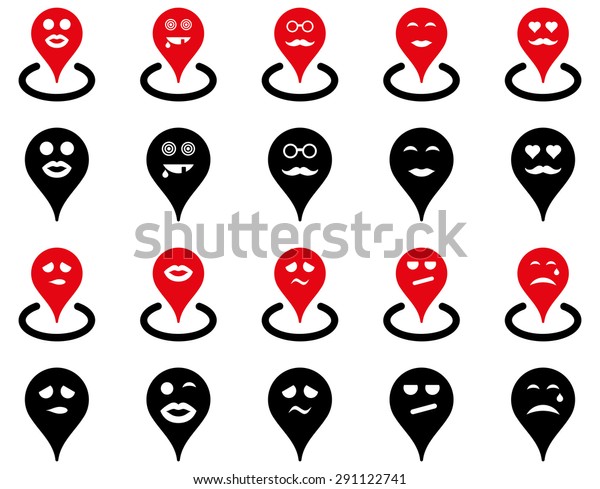 Smiled map marker icons. Vector set style:\
bicolor flat images, intensive red and black symbols, isolated on a\
white background.