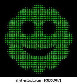 Smiled sticker halftone vector icon. Illustration style is pixel iconic smiled sticker symbol on a black background. Halftone structure is build from spheric cells.