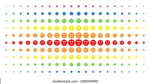 Smiled sticker icon spectrum halftone pattern. Vector smiled sticker pictograms are arranged into halftone array with vertical rainbow colors gradient. Designed for backgrounds, covers,