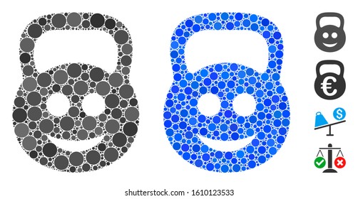 Smiled ton weight mosaic of circle elements in different sizes and color tints, based on smiled ton weight icon. Vector round elements are grouped into blue composition.