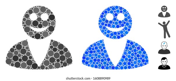 Smiled user mosaic of small circles in various sizes and color tones, based on smiled user icon. Vector random circles are grouped into blue composition.