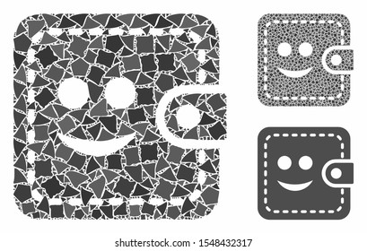 Smiled wallet composition of unequal parts in different sizes and color tones, based on smiled wallet icon. Vector unequal dots are composed into collage.