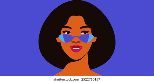 Smiled woman in blue sunglasses looks to the right. Front Portrait of happy beautiful girl on blue background, front view. Fashion Vibrant female face with make up in eyewear. Vector illustration