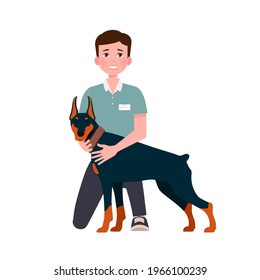 Smiled young man hugging her doberman dog. People and pets. Vector illustration isolated on white background