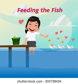 smilely lady are feeding the fish - vector illustration