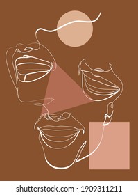 Smiles. Abstract drawing, continuous line style. Minimalist fashion design, quick sketch, vector illustration of happy people for t-shirt, prints, covers, posters, logo, tattoo