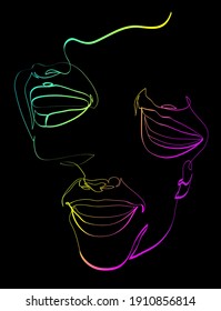 Sonrisas. Dibujo abstracto, estilo de línea continua. Diseño de moda minimalista, boceto rápido, ilustración vectorial de personas felices para camisetas, impresiones, cubiertas, carteles, logotipo, tatuaje