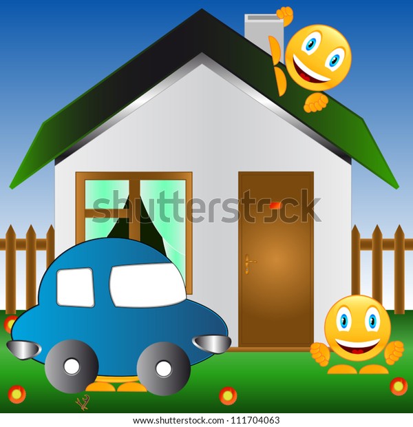 Smiles, car and\
the house on a lawn with\
flowers