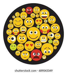 Smiles cartoon icons set vector illustration for design and web isolated on black circle background. Smiles vector object for labels, logos and advertising