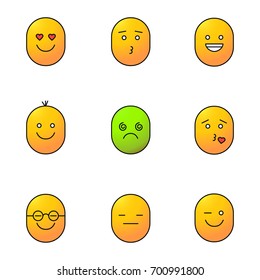 Smiles color icons set. Emoticons. Good and bad mood. In love, kissing, laughing, dizzy, clever, serious, winking faces. Isolated vector illustrations