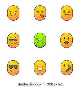 Smiles color icons set. Good and bad mood. Smiling, kissing, sad, cool, dead, angry, laughing, sick emoticons. Isolated vector illustrations