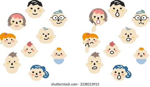 Smiles and confused expressions of various generations set illustration material
