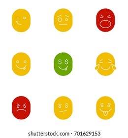 Smiles glyph color icon set. Silhouette symbols on white backgrounds. Good and bad mood. Winking, confused, shocked, greedy, laughing, angry, bored emoticons. Negative space. Vector illustrations