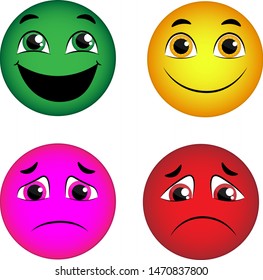 smiles of happiness, indifference and sadness, emoticons red, pink, green and yellow. emogi