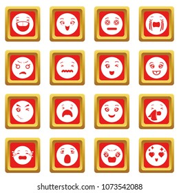 Smiles icons set vector red square isolated on white background 
