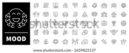 Smiles, joy, and cheerful faces illustrated with uplifting minimalist strokes. Positive-themed set of 50 linear icons inspired by happiness and good emotions