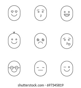 Smiles linear icons set. Emoticons. Good and bad mood. In love, kissing, laughing, dizzy, clever, serious, winking faces. Thin line contour symbols. Isolated vector outline illustrations