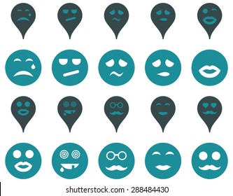 Smiles, map markers icons. Vector set style: bicolor flat images, soft blue symbols, isolated on a white background.