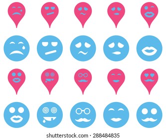 Smiles, map markers icons. Vector set style: bicolor flat images, pink and blue symbols, isolated on a white background.
