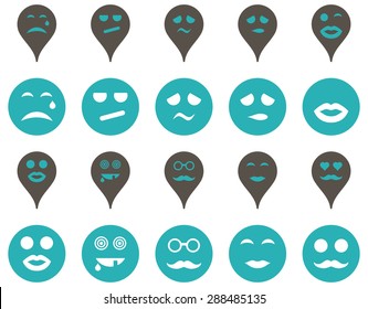 Smiles, map markers icons. Vector set style: bicolor flat images, grey and cyan symbols, isolated on a white background.