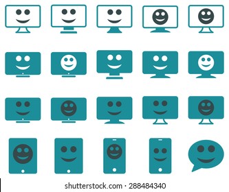 Smiles, monitors, mobile icons. Vector set style: bicolor flat images, soft blue symbols, isolated on a white background.