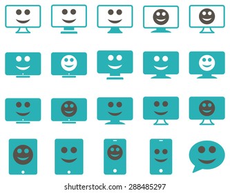 Smiles, monitors, mobile icons. Vector set style: bicolor flat images, grey and cyan symbols, isolated on a white background.