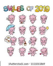 Smiles of New 2019 Year. Collection of cutest pig character icon set with different emotions. Vector illustration. Set of small piggy