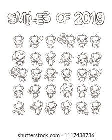 Smiles of New 2019 Year. Collection of cutest pig character icon set with different emotions. Vector illustration. Set of small piggy for coloring pages