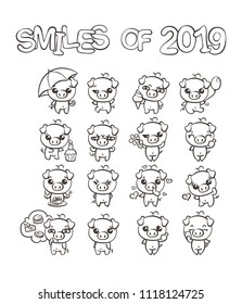 Smiles of New 2019 Year. Collection of cutest pig character icon set with different emotions. Vector illustration. Set of small piggy for coloring pages