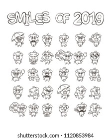 Smiles of New 2019 Year. Collection of cutest pig character icon set with different emotions. Vector illustration. Set of small piggy for coloring pages
