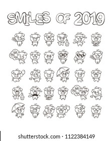 Smiles of New 2019 Year. Collection of cutest pig character icon set with different emotions. Vector illustration. Set of small piggy for coloring pages