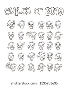 Smiles of New 2019 Year. Collection of cutest pig character icon set with different emotions. Vector illustration. Set of small piggy for coloring pages