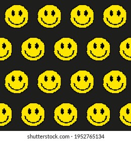 Smiles ornament. Vector yellow emoticons pattern. Black background and pixels style.