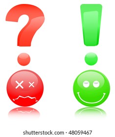 Smiles with question and exclamation marks.