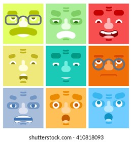 Smiles Set Adult Avatar Emotions Happy Surprised Mustache Angry Adult Character Symbol Business Icon Isolated White Background Concept Flat Template Vector Illustration