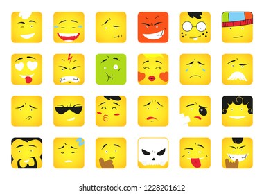 Smiles. Set of emoticons or emoji illustration line icons. Smile icons line art isolated vector illustration on yellow background. Concept for messengers.