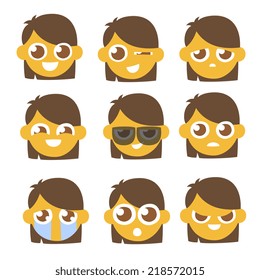smiles set, primitive cartoon flat style characters emotions, vector illustration