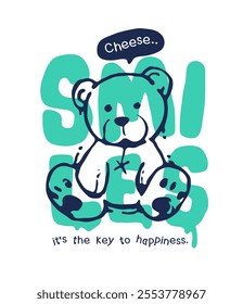 smiles slogan with cartoon bear doll line art vector illustration
