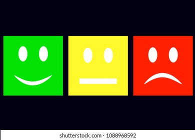 Smiles are square. Green - happy, happy. Yellow - Normal. Red - gloomy, sad, sad. Vector