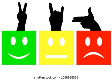 Smiles square with the silhouettes of hands. Green - happy, happy, victory. Yellow - Normal, horns, goat. Red - gloomy, sad, sad, shoot, pstollet. Vector