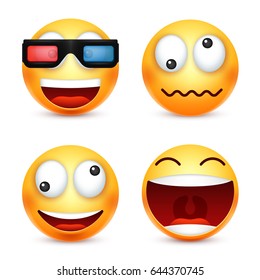 Smiley with 3d glasses,smiling emoticon. Yellow face with emotions. Facial expression. 3d realistic emoji. Funny cartoon character.Mood. Web icon. Vector illustration.