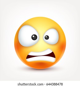 Smiley angry,smiling emoticon. Yellow face with emotions. Facial expression. 3d realistic emoji. Funny cartoon character.Mood. Web icon. Vector illustration.