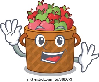 Smiley apple basket cartoon mascot design with waving hand