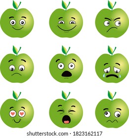 smiley apples with different face emotions, vector on white background.