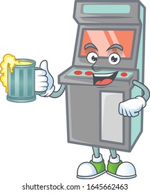 Diseño de máscaras de máquinas de juegos con arcade sonriente sosteniendo un vaso de cerveza
